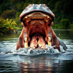 An intense portrayal of an angry hippopotamus, showcasing its massive jaws wide open, revealing large teeth and a powerful demeanor
