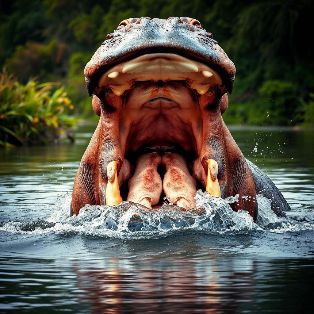 An intense portrayal of an angry hippopotamus, showcasing its massive jaws wide open, revealing large teeth and a powerful demeanor