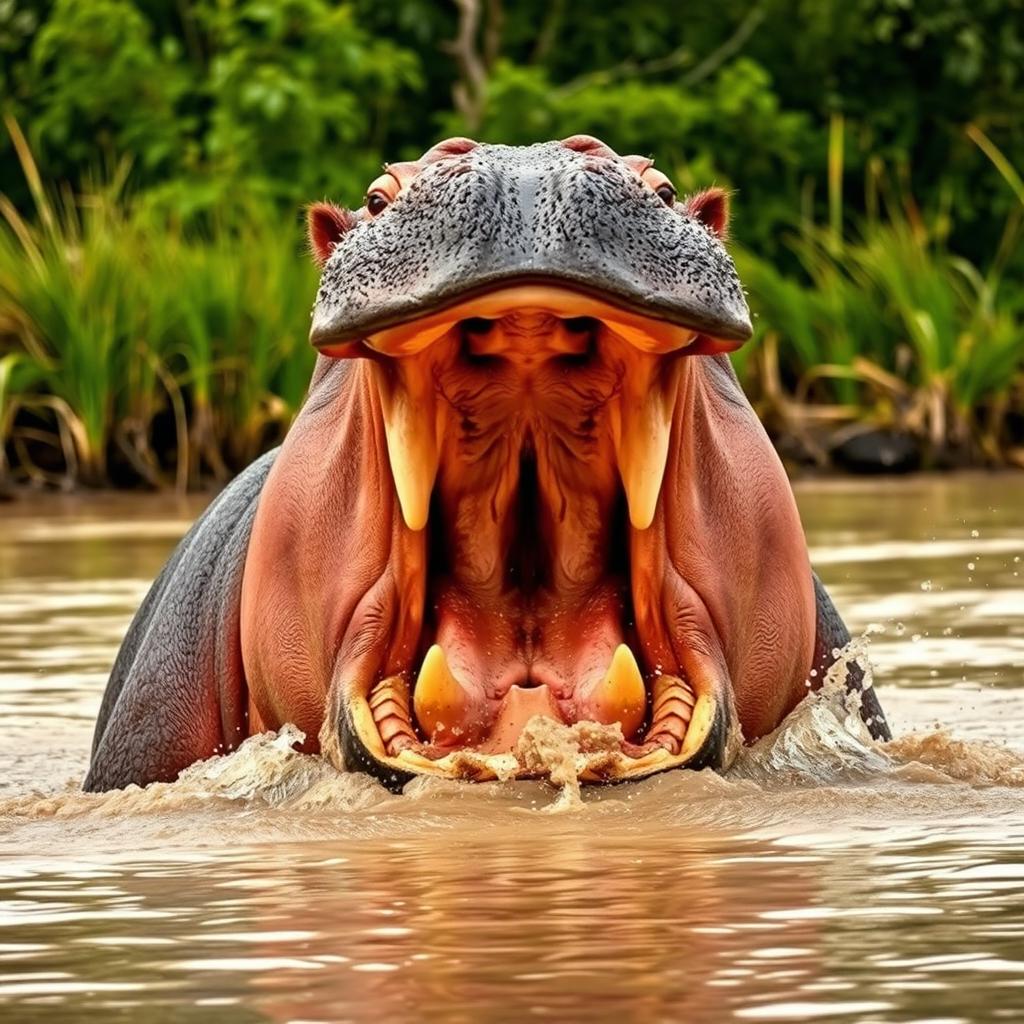 A striking image of an angry hippopotamus, with its mouth wide open, showcasing large teeth and a threatening demeanor