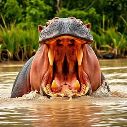 A striking image of an angry hippopotamus, with its mouth wide open, showcasing large teeth and a threatening demeanor