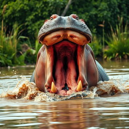 A striking image of an angry hippopotamus, with its mouth wide open, showcasing large teeth and a threatening demeanor
