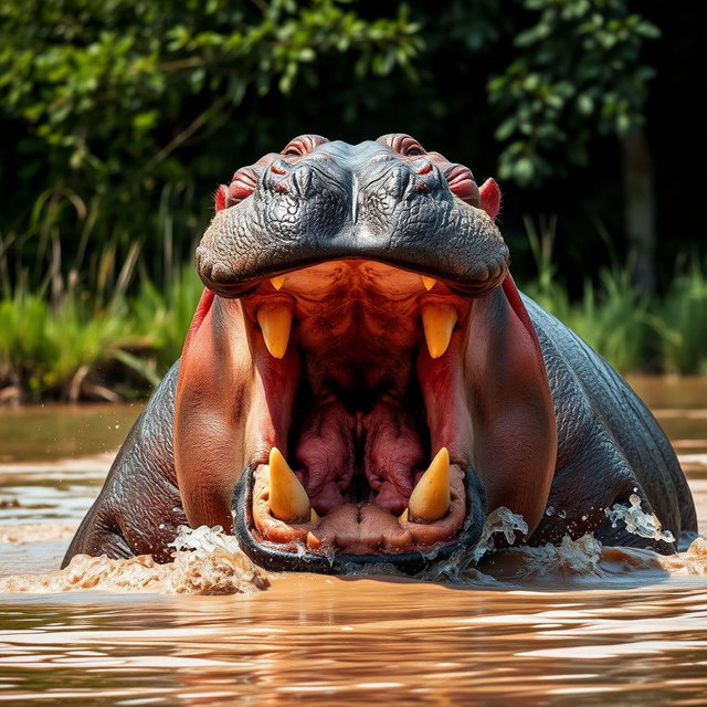 A striking image of an angry hippopotamus, with its mouth wide open, showcasing large teeth and a threatening demeanor