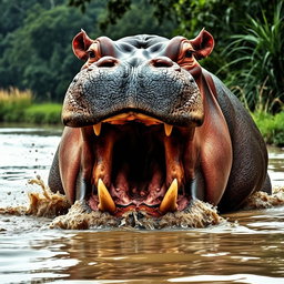 A striking image of an angry hippopotamus, with its mouth wide open, showcasing large teeth and a threatening demeanor