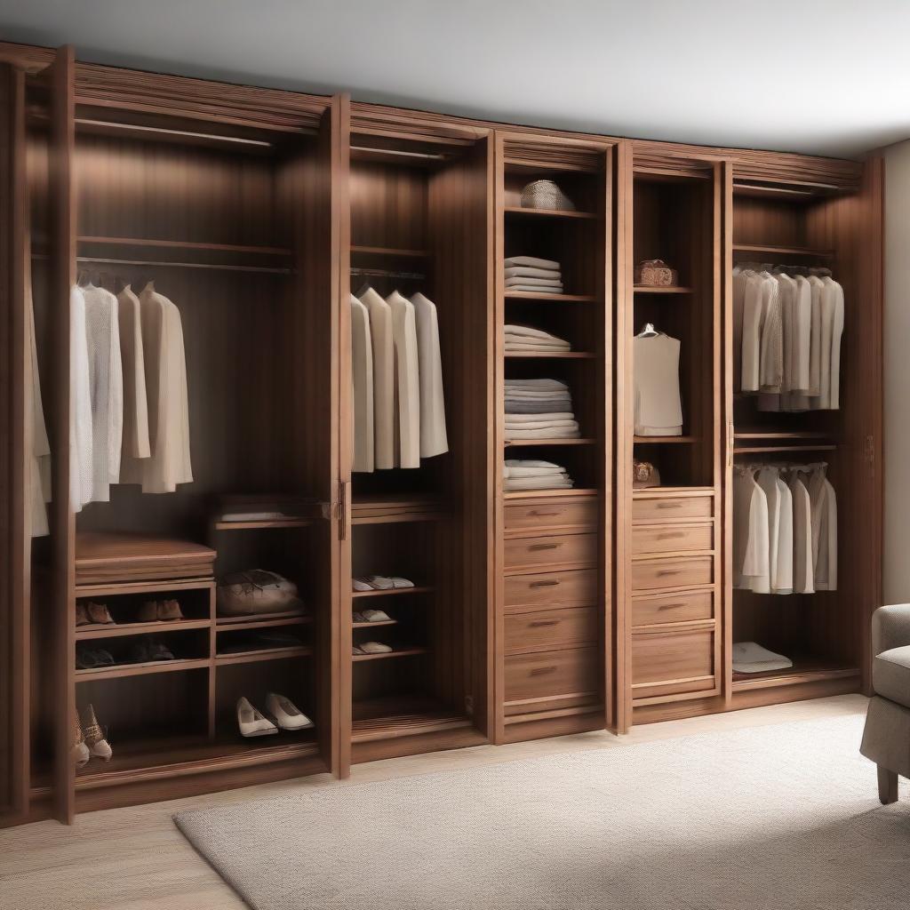 A spacious, well-organised closet room, with a height of 260 cm, fitted with rich, brown wood and a set of elegant doors. The room has a specific area for long dresses and the remaining areas are neatly arranged with various attire and accessories.