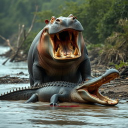 A dramatic scene of an angry hippopotamus triumphantly standing over a defeated crocodile