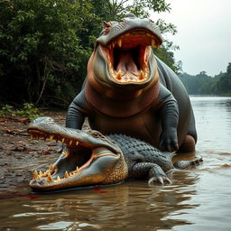 A dramatic scene of an angry hippopotamus triumphantly standing over a defeated crocodile