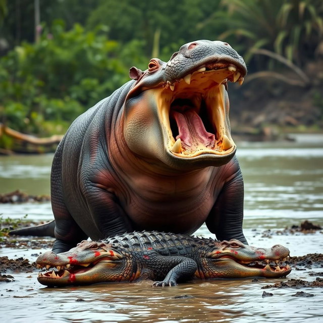 A dramatic scene of an angry hippopotamus triumphantly standing over a defeated crocodile