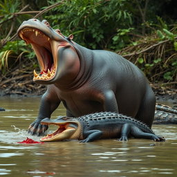 A dramatic scene of an angry hippopotamus triumphantly standing over a defeated crocodile