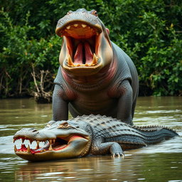 A dramatic and intense scene depicting an angry hippopotamus standing victorious over a defeated crocodile