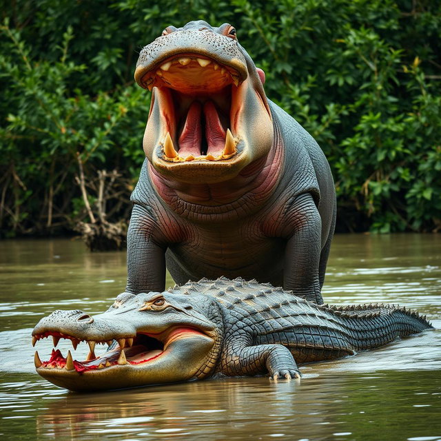 A dramatic and intense scene depicting an angry hippopotamus standing victorious over a defeated crocodile