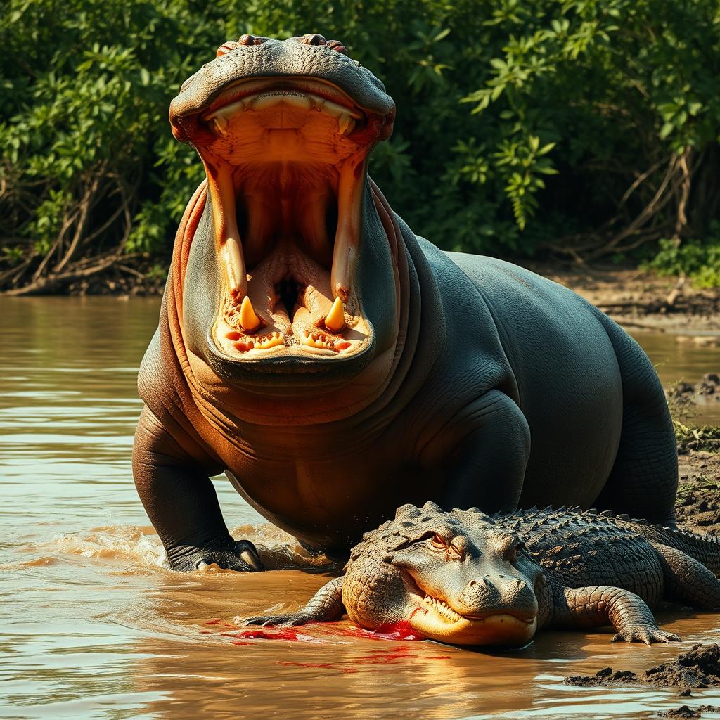 A dramatic and intense scene depicting an angry hippopotamus standing victorious over a defeated crocodile