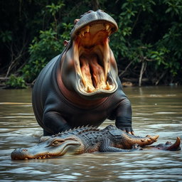 A dramatic and intense scene depicting an angry hippopotamus standing victorious over a defeated crocodile