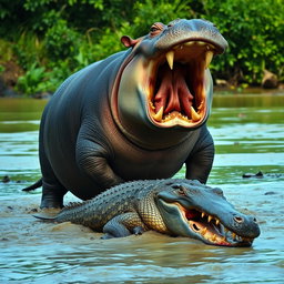 A dramatic and intense scene depicting an angry hippopotamus standing victorious over a defeated crocodile