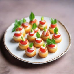 Generate an image of an appealing, bite-sized finger food, elegantly presented on a fancy plate.