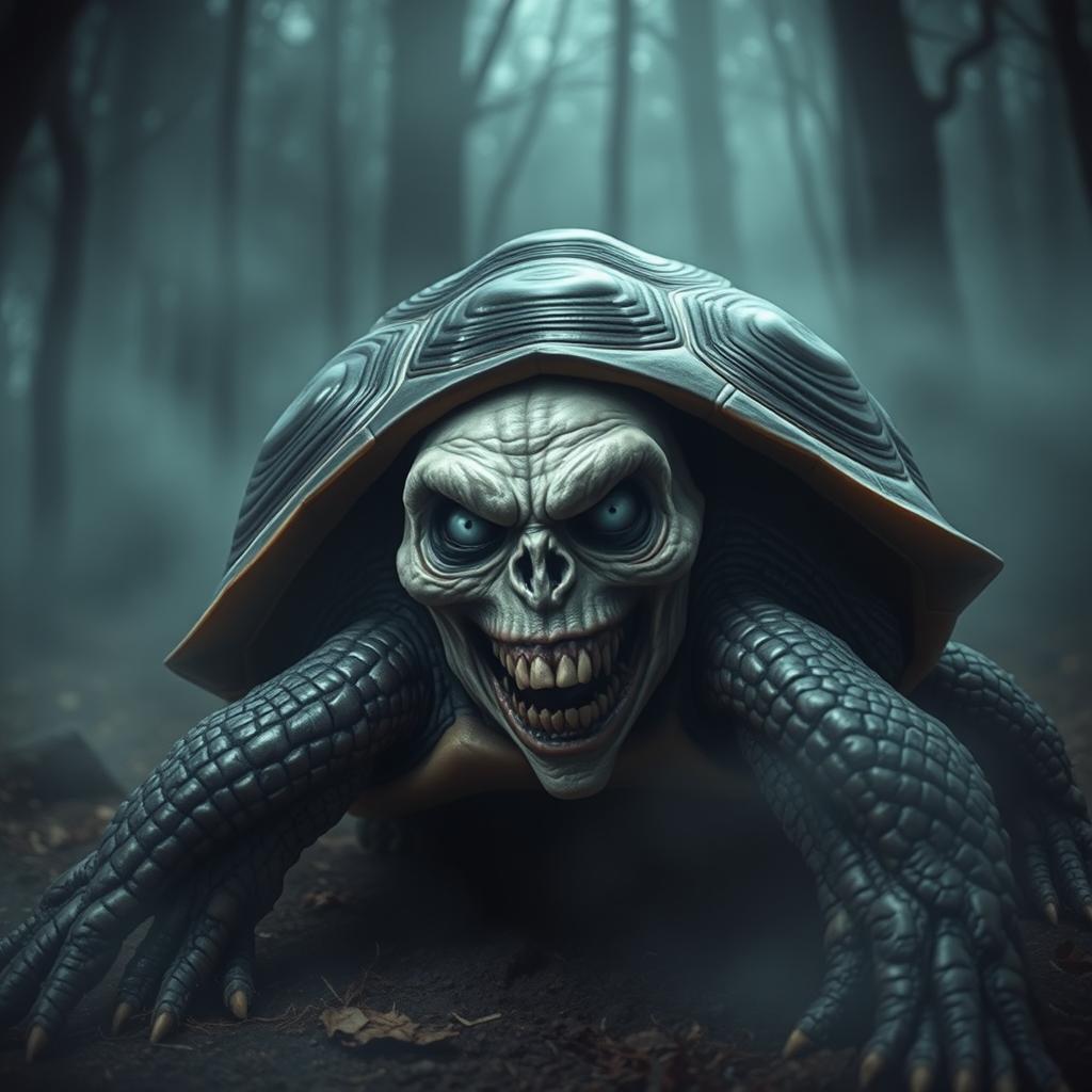 A surreal and eerie fusion of a tortoise (kurma) featuring a terrifying human face