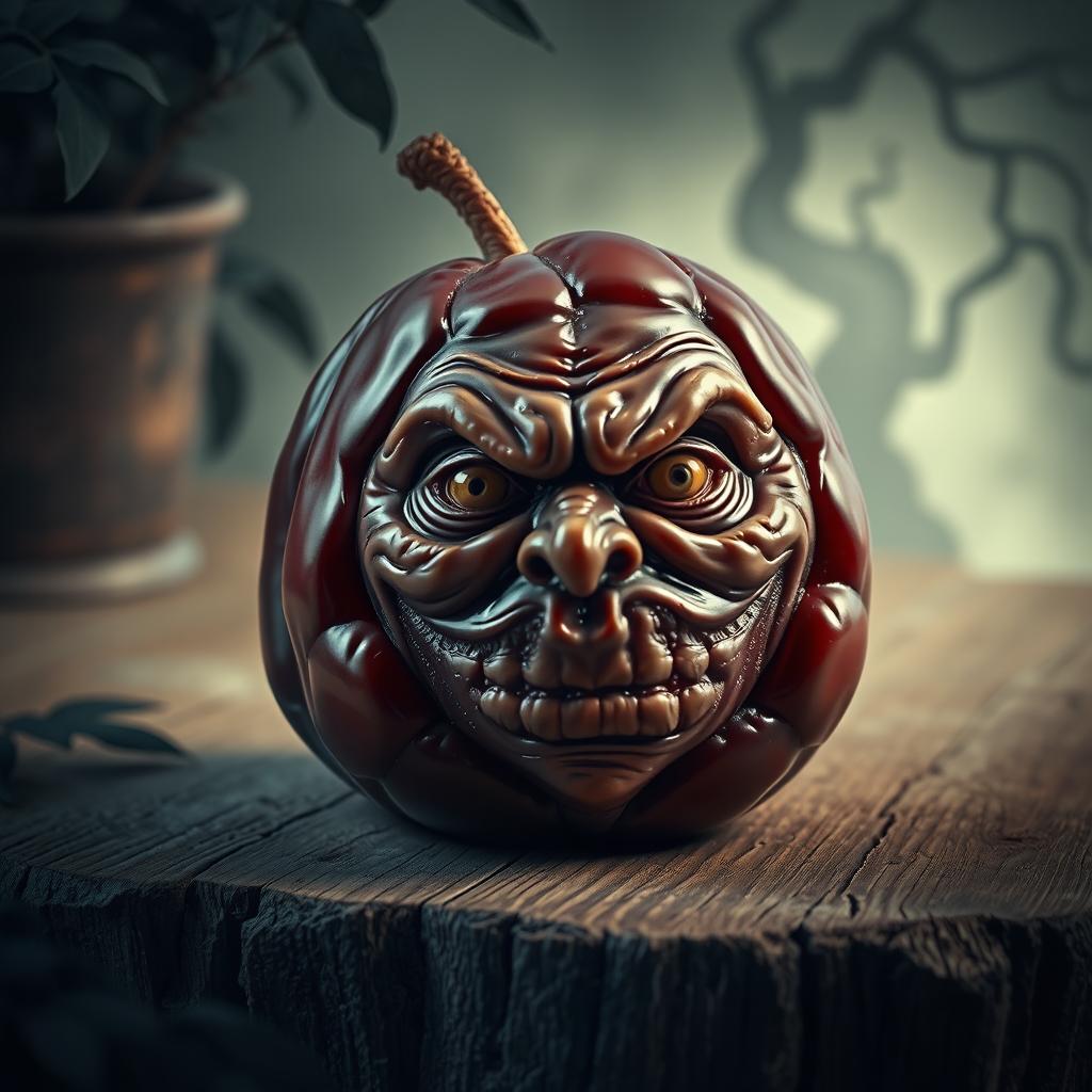A surreal and imaginative scene featuring a date fruit with a frighteningly captivating human face