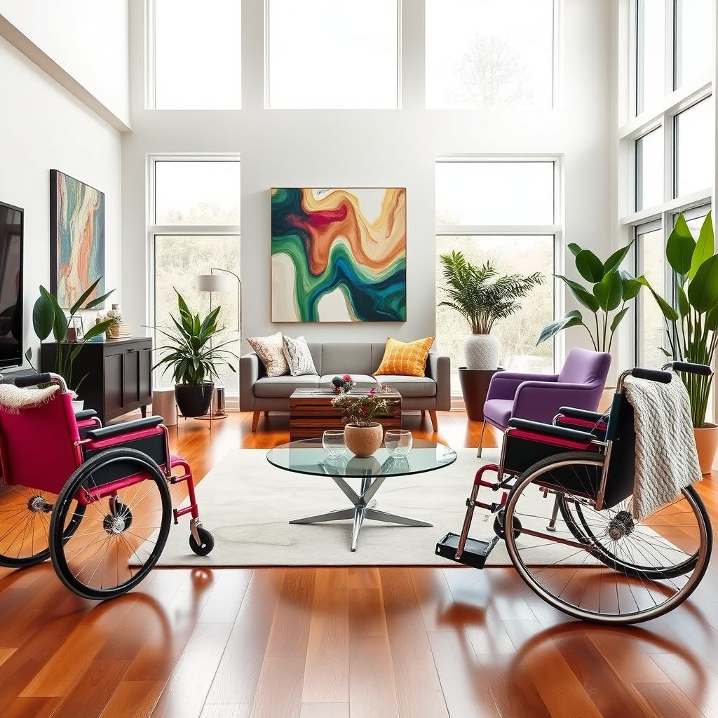 A vibrant modern living room featuring a spacious layout, bright sunlight filtering through large windows, and an inviting atmosphere