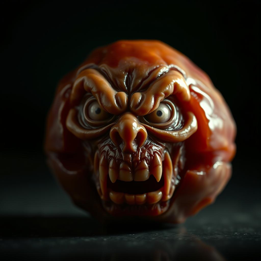 A close-up of a date fruit but with a twisted, frightening human face carved into its surface