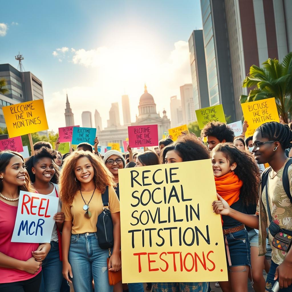 A powerful scene depicting the theme of reducing social contradictions and tensions, showcasing a diverse group of people from different ethnic backgrounds coming together in harmony