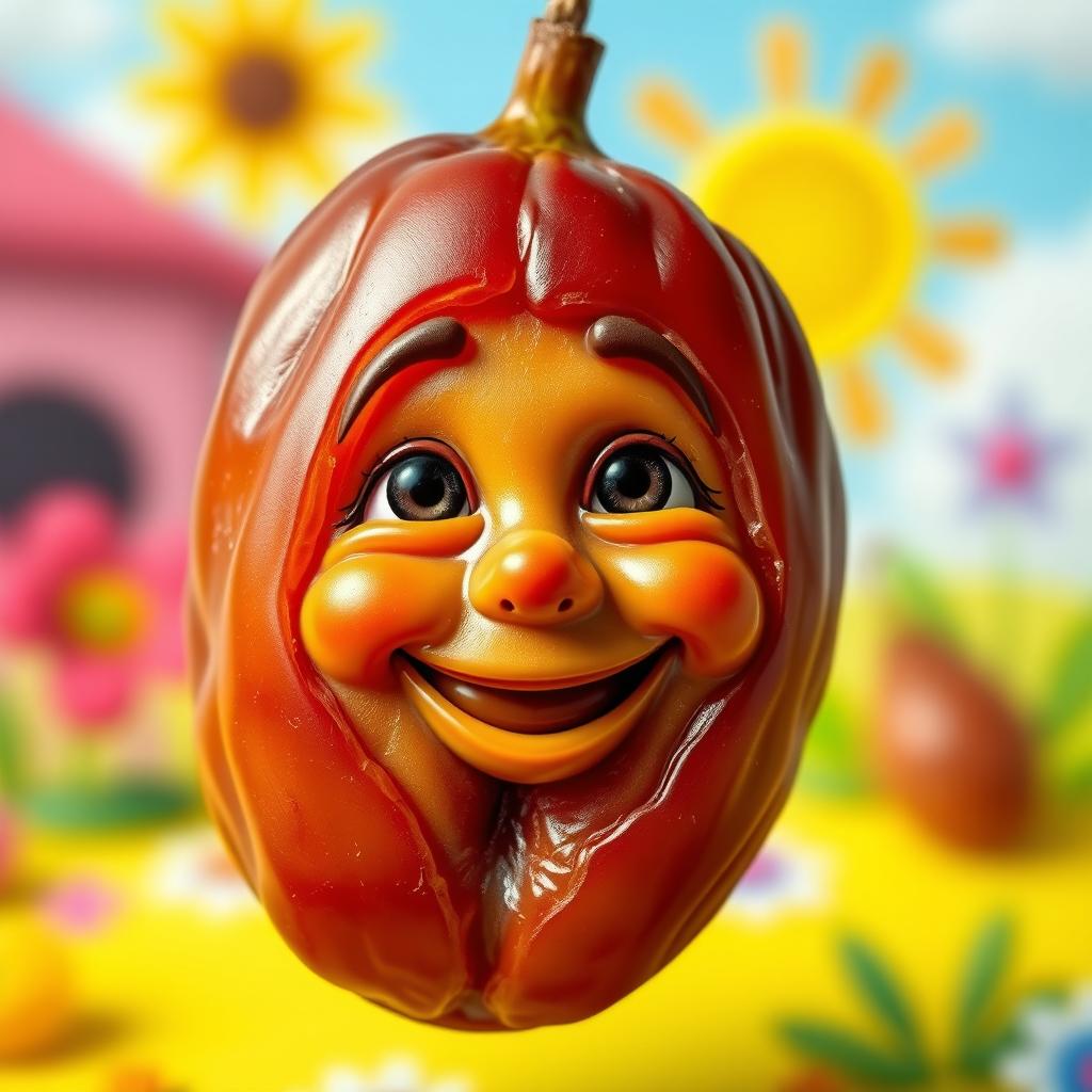A whimsical depiction of a date fruit featuring a cheerful human face carved into its surface