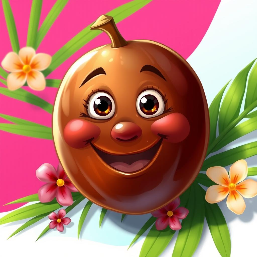 A whimsical and surreal illustration of a date fruit with a human face, featuring expressive eyes and a big smile, placed on a vibrant, tropical background