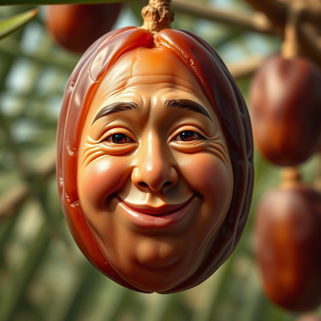 A highly realistic depiction of a date fruit featuring a human face, with lifelike skin texture that showcases the rich brown color and slight imperfections of the fruit