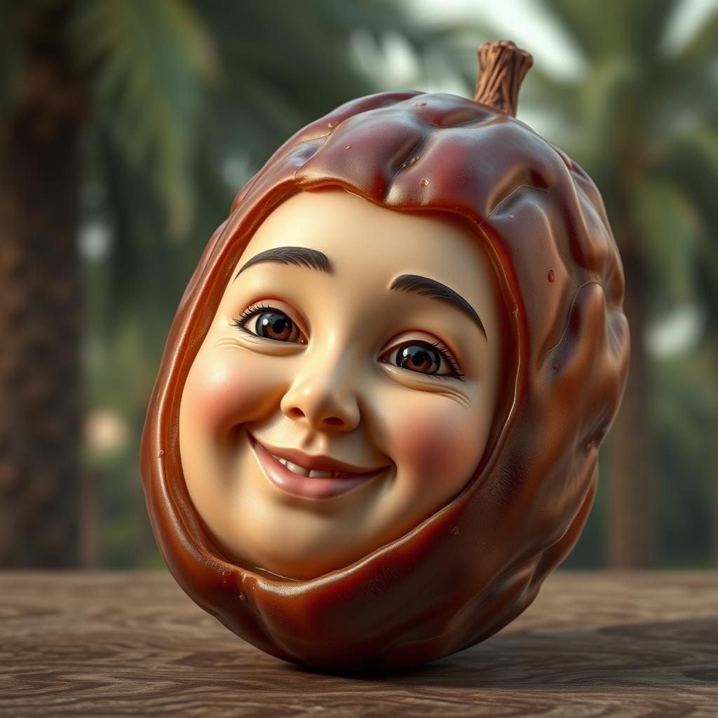 A highly realistic depiction of a date fruit that has a human face, featuring intricate details such as lifelike skin texture, rich brown color, and subtle imperfections of the fruit