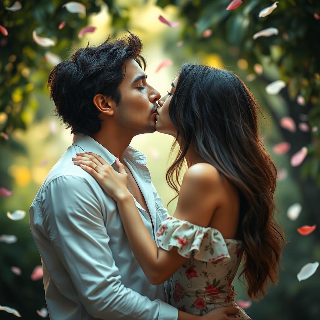 A romantic scene of a couple passionately kissing in a beautiful setting, surrounded by soft, warm lighting