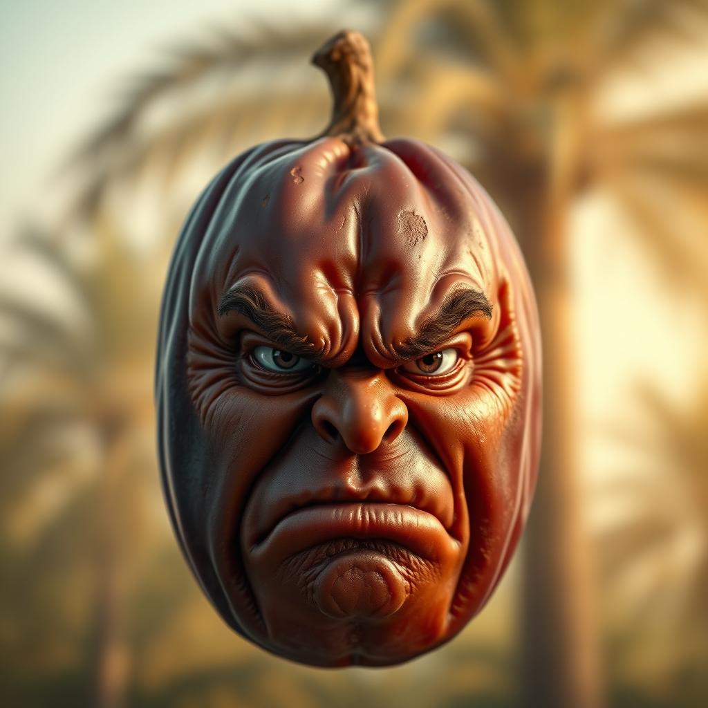 A highly realistic depiction of a date fruit with an angry human face, showcasing lifelike skin texture, deep brown color, and natural imperfections of the fruit