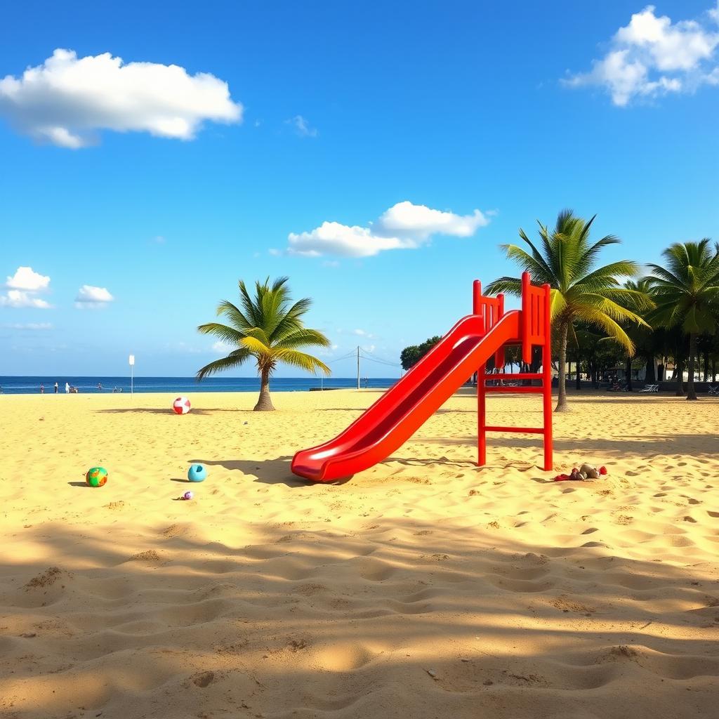 A vibrant red slide positioned in the center of a vast sandy playground, with golden sand spread across the ground