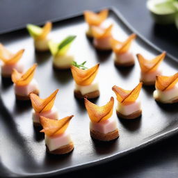 Generate an image of an appealing, bite-sized finger food, elegantly presented on a fancy plate.