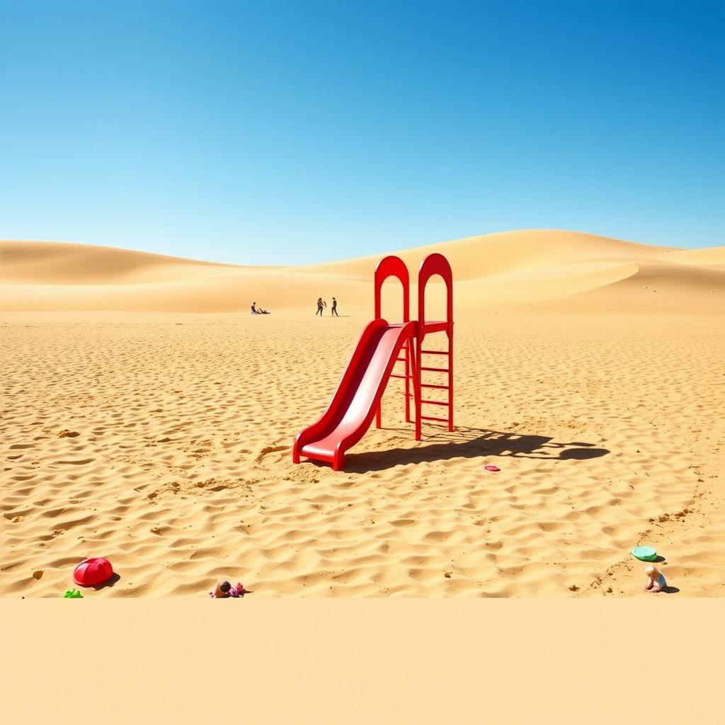 A striking red slide set prominently in the middle of a sprawling sandy field, surrounded by soft golden sand