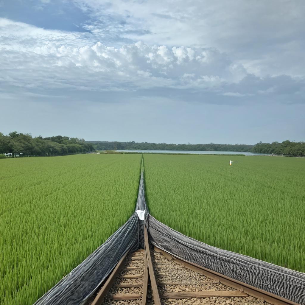 Tranquil Rice Field Adjacent to Train Tracks