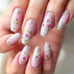 An elegant nail art design featuring intricate patterns of floral motifs intertwined with gold accents