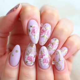 An elegant nail art design featuring intricate patterns of floral motifs intertwined with gold accents
