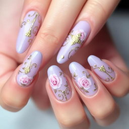 An elegant nail art design featuring intricate patterns of floral motifs intertwined with gold accents
