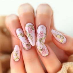 An elegant nail art design featuring intricate patterns of floral motifs intertwined with gold accents