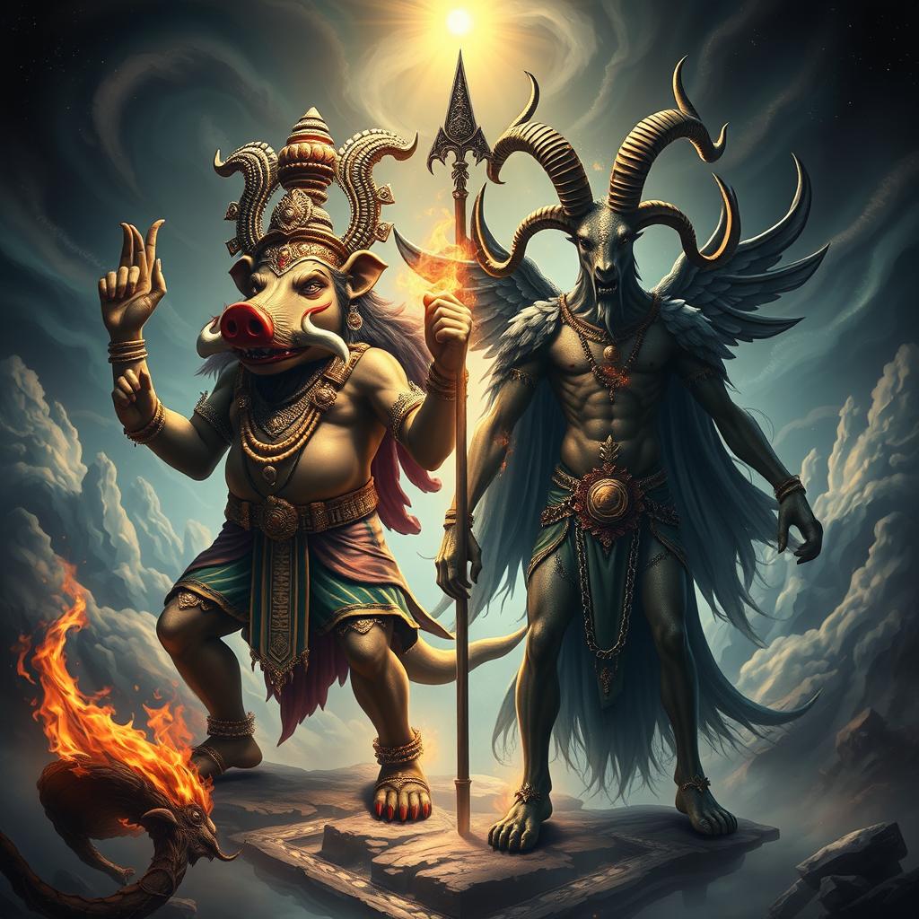A dramatic and mythical scene depicting Varaha, the boar avatar of the Hindu god Vishnu, standing proudly on one side, symbolizing strength and protection