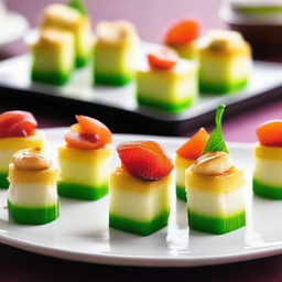 Generate an image of an appealing, bite-sized finger food, elegantly presented on a fancy plate.