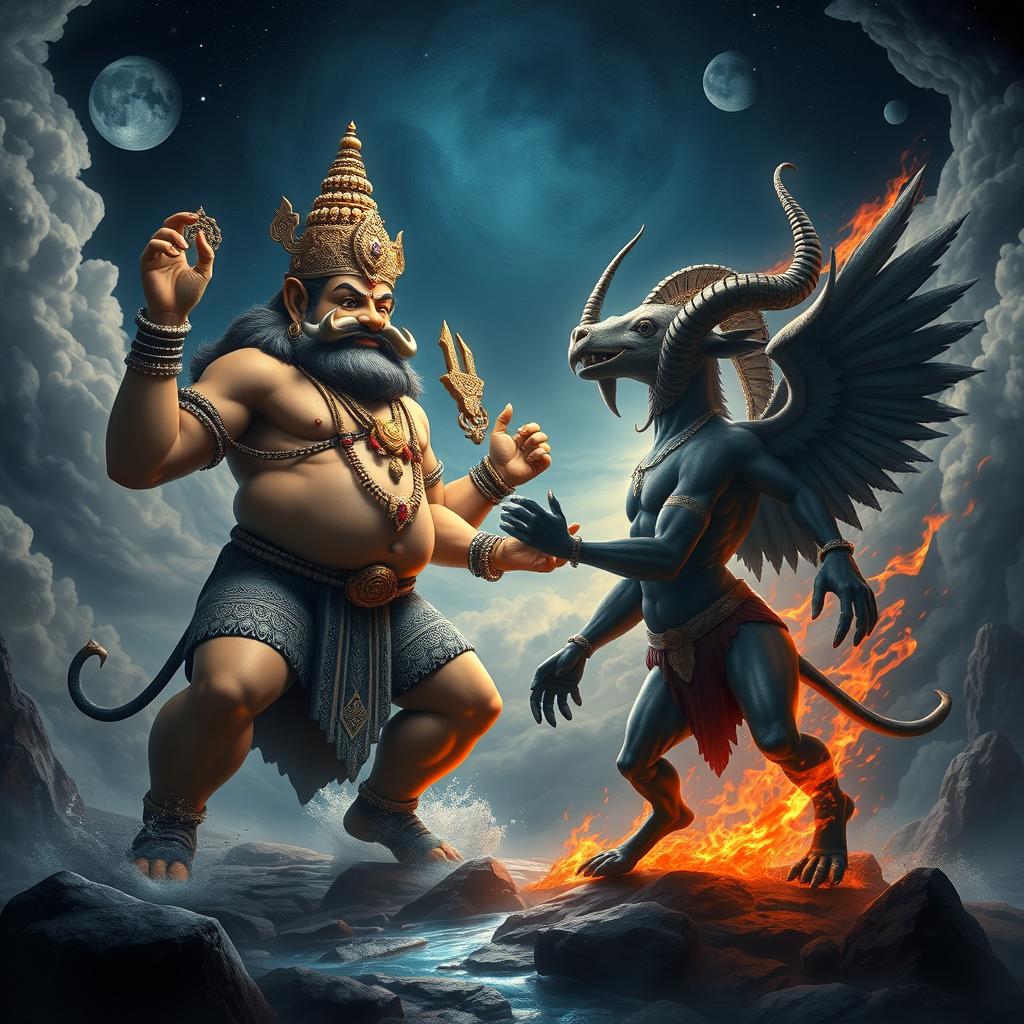 A dramatic confrontation scene depicting Varaha, the boar avatar of the Hindu god Vishnu, portrayed as a massive deity with four arms