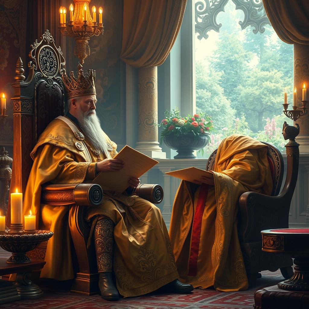 A captivating scene depicting a regal king adorned in rich, golden robes, sitting on an elaborate throne with intricate designs, in a grand palace filled with exquisite tapestries and ornate decorations