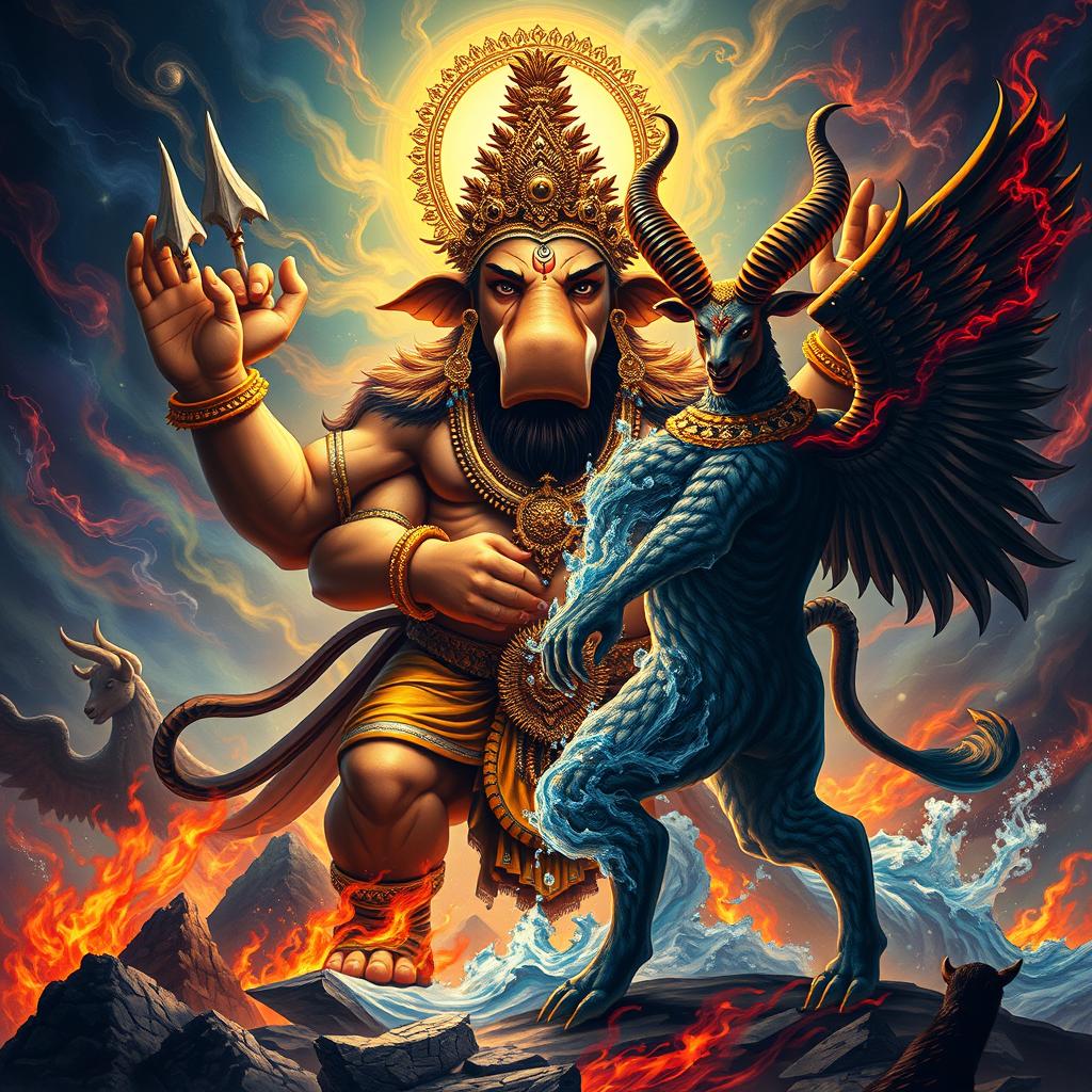 A powerful scene depicting Varaha, the boar avatar of the Hindu god Vishnu, portrayed as an enormous deity with a robust physique resembling Vishnu, featuring four strong arms and a majestic crown similar to that of Vishnu