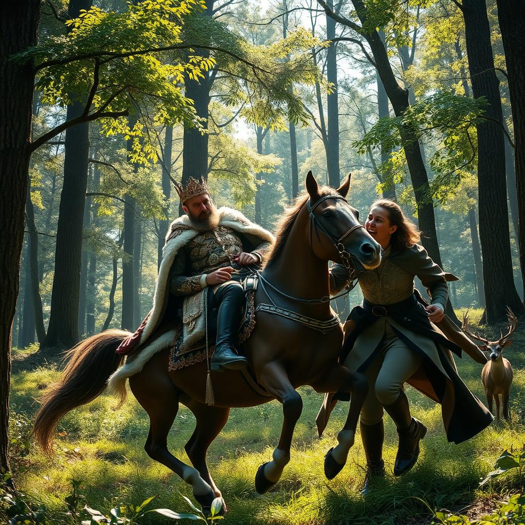 A dramatic scene depicting a royal hunting expedition in a lush forest