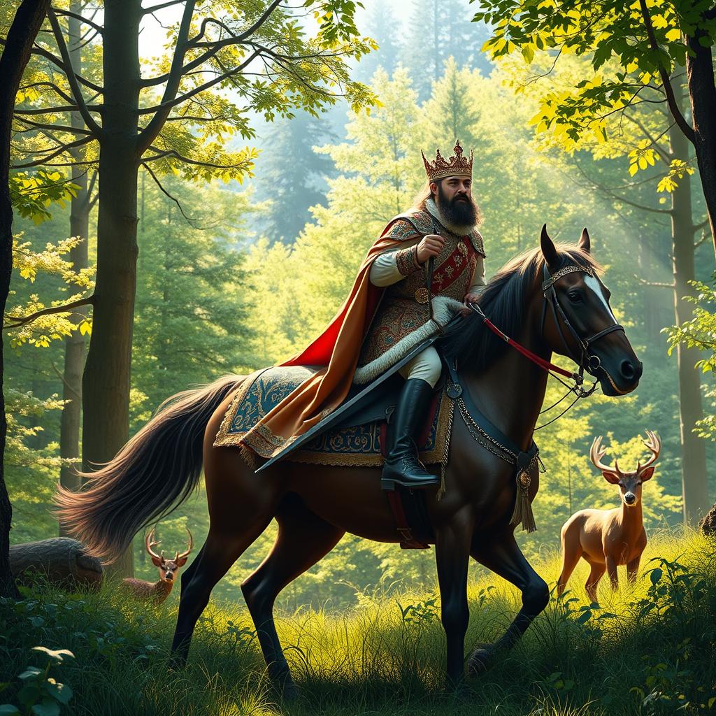 A majestic scene depicting a king on horseback during a hunting expedition in a lush forest