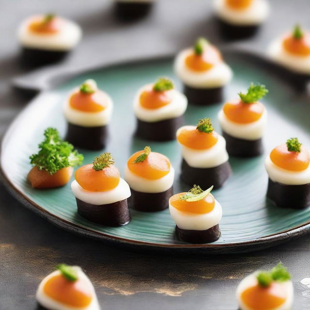 Generate an image of an appealing, bite-sized finger food, elegantly presented on a fancy plate.