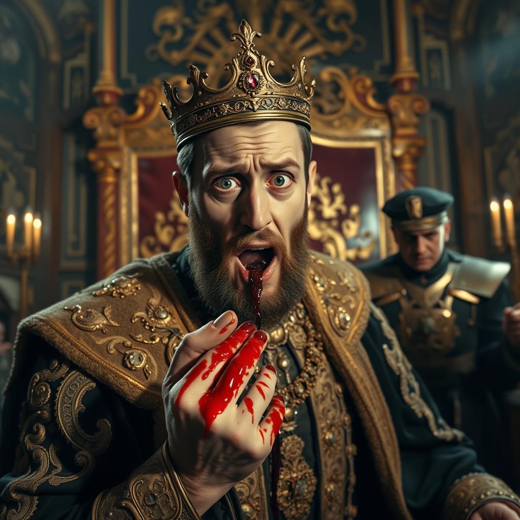 An intense and dramatic scene depicting a king who has suffered an accident resulting in the loss of part of his finger