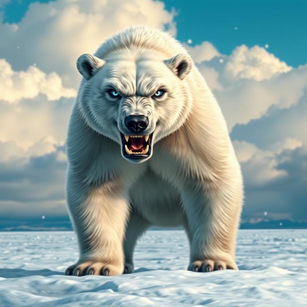 A fierce and angry polar bear standing on a snowy landscape, its fur ruffled by the cold wind, showing sharp teeth and glaring with intense blue eyes