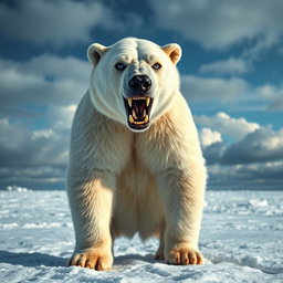 A fierce and angry polar bear standing on a snowy landscape, its fur ruffled by the cold wind, showing sharp teeth and glaring with intense blue eyes