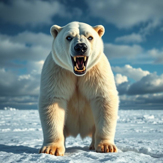A fierce and angry polar bear standing on a snowy landscape, its fur ruffled by the cold wind, showing sharp teeth and glaring with intense blue eyes