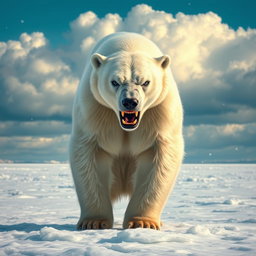 A fierce and angry polar bear standing on a snowy landscape, its fur ruffled by the cold wind, showing sharp teeth and glaring with intense blue eyes